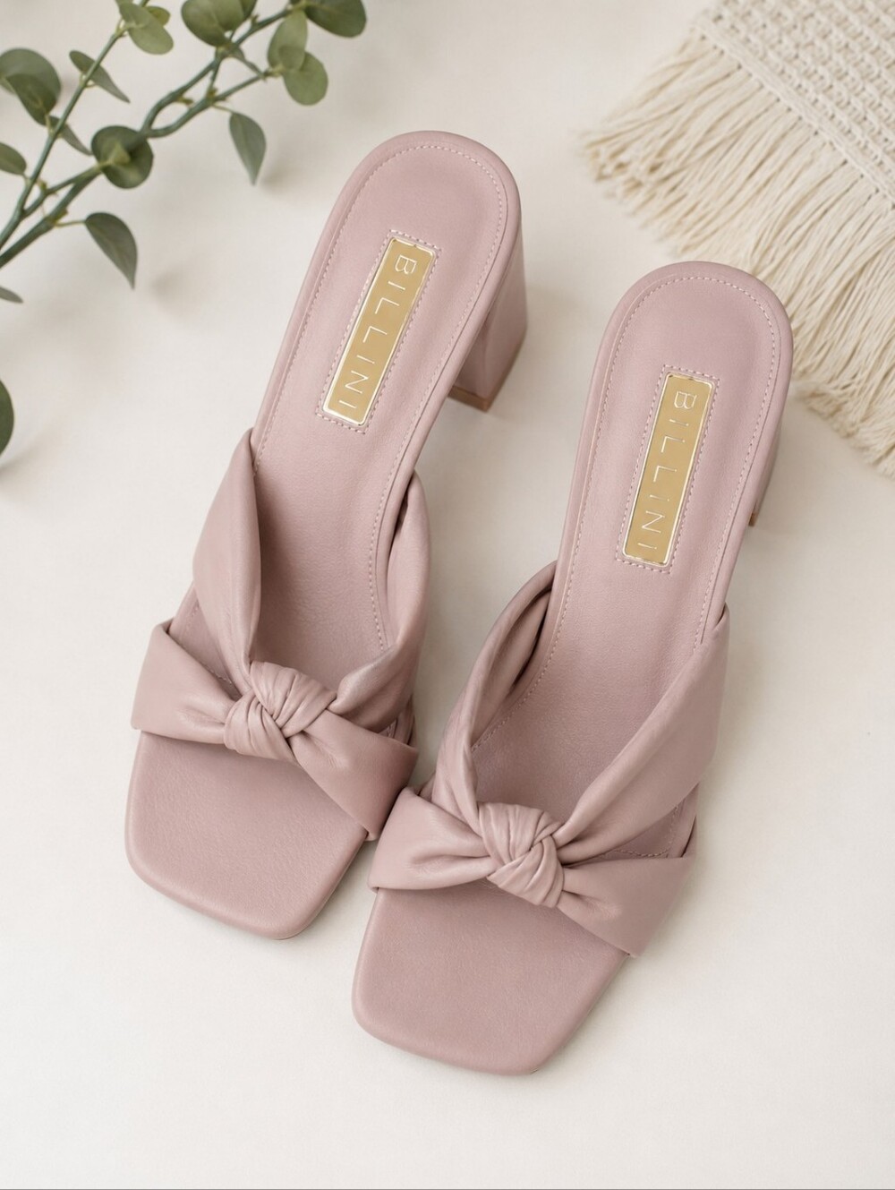 Billini Una Blush Pink Knot Slide Heels Women’s Square Toe Mule Sandals Sz 8